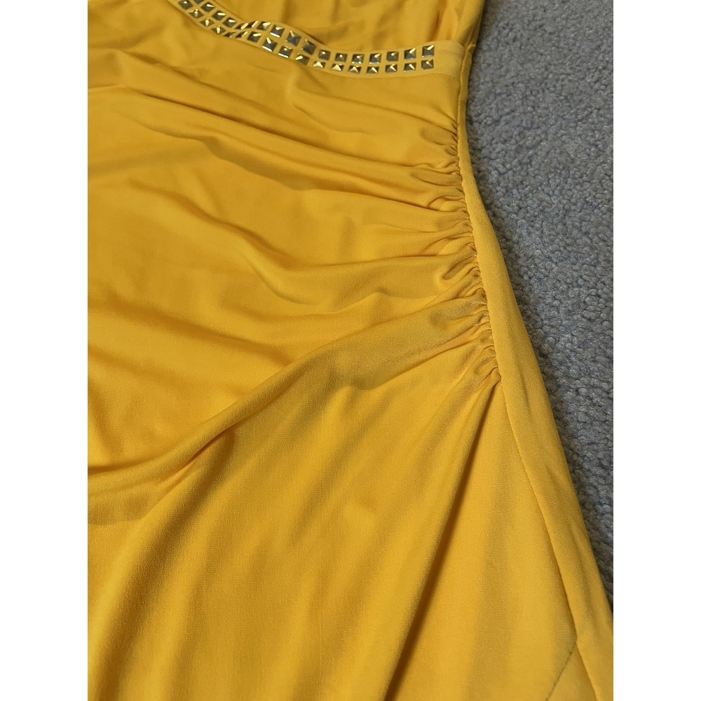 Thalia Sodi Studded Faux Wrap Dress L Yellow Gold Side Ruched  Slanted Hem Party - Picture 7 of 16